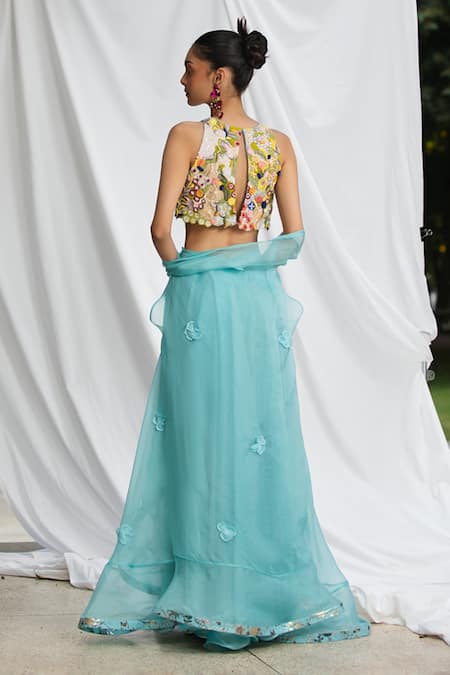 Shop_Pooja Bagaria_Blue Tissue, Organza, Silk Botanical Floral Hand Embroidered Blouse Lehenga Set _at_Aza_Fashions