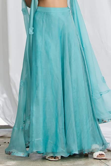 Pooja Bagaria_Blue Tissue, Organza, Silk Botanical Floral Hand Embroidered Blouse Lehenga Set _Online_at_Aza_Fashions