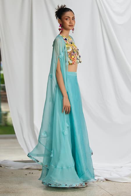 Buy_Pooja Bagaria_Blue Tissue, Organza, Silk Botanical Floral Hand Embroidered Blouse Lehenga Set _Online_at_Aza_Fashions