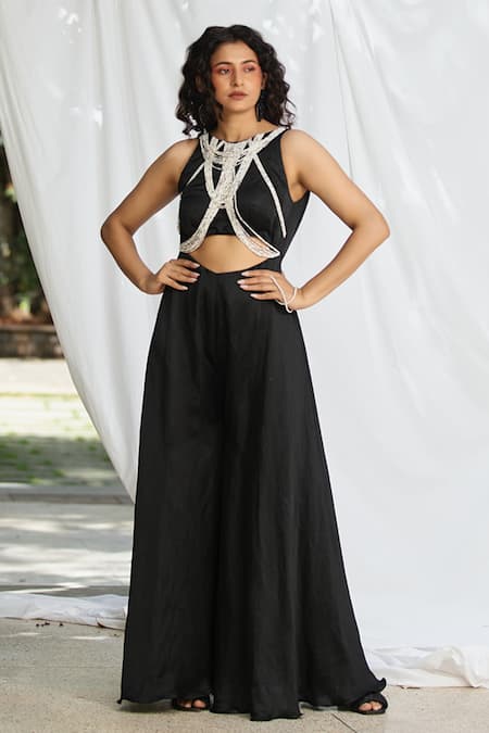 Pooja Bagaria Black Satin Linen Embellished Pearl Strands Round Neck Cut Out Jumpsuit 