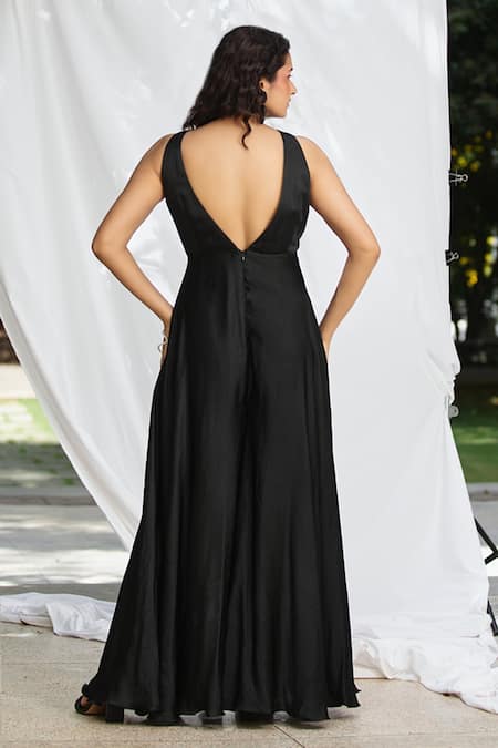 Shop_Pooja Bagaria_Black Satin, Linen Pearls Round Neck Strand Embellished Cut Out Jumpsuit _at_Aza_Fashions
