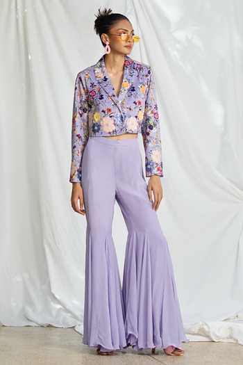 Pooja Bagaria_Purple Suede Embroidery Blossom Print Crop Blazer_Online_at_Aza_Fashions