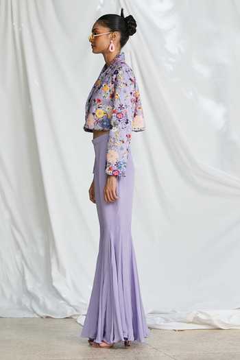 Buy_Pooja Bagaria_Purple Suede Embroidery Blossom Print Crop Blazer_Online_at_Aza_Fashions