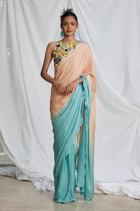 Pooja Bagaria Ombre Scallop Border Saree With Floral Embroidered Blouse 