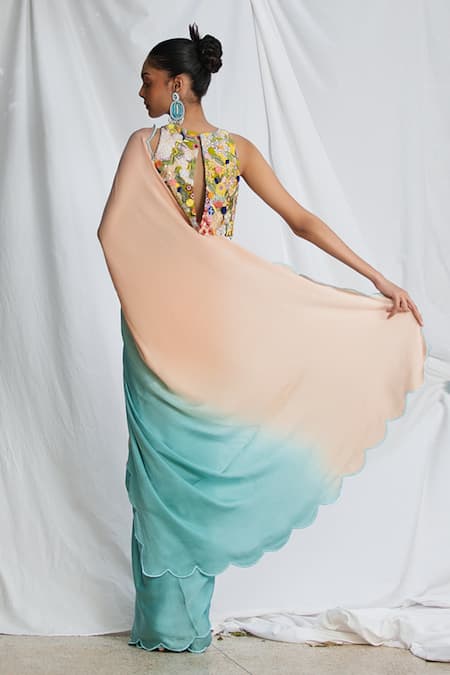 Shop_Pooja Bagaria_Blue Satin Embroidery Halter Neck Ombre Scallop Border Saree With Floral Blouse _at_Aza_Fashions