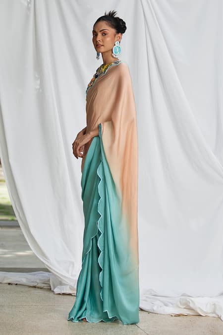 Pooja Bagaria_Blue Satin Embroidery Halter Neck Ombre Scallop Border Saree With Floral Blouse _Online_at_Aza_Fashions