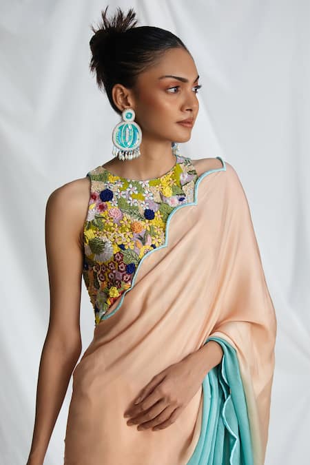 Buy_Pooja Bagaria_Blue Satin Embroidery Halter Neck Ombre Scallop Border Saree With Floral Blouse _Online_at_Aza_Fashions