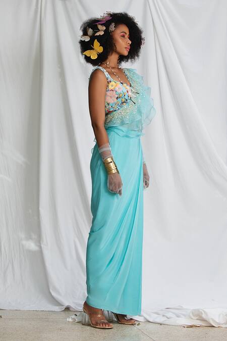 Pooja Bagaria_Blue Suede, Crepe Embroidery, Sequins Florence Blouse With Draped Skirt_Online_at_Aza_Fashions