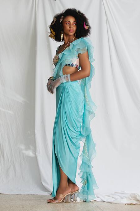 Buy_Pooja Bagaria_Blue Suede, Crepe Embroidery, Sequins Florence Blouse With Draped Skirt_Online_at_Aza_Fashions