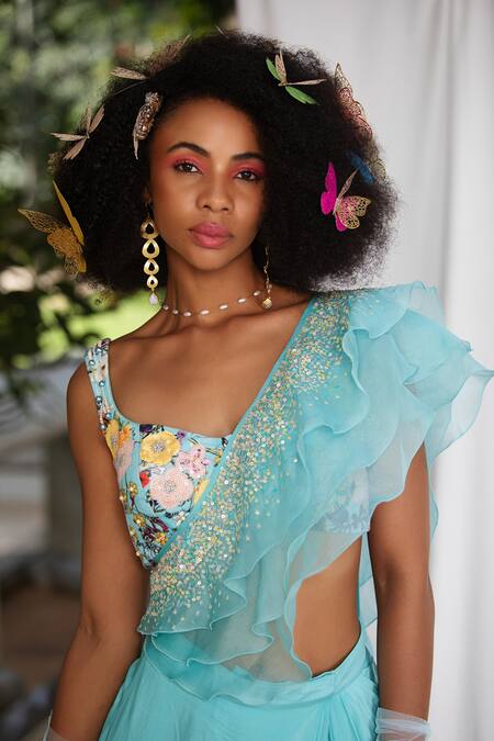 Shop_Pooja Bagaria_Blue Suede, Crepe Embroidery, Sequins Florence Blouse With Draped Skirt_Online_at_Aza_Fashions