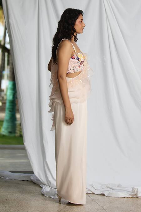 Pooja Bagaria_Pink Suede, Crepe Sequins, Embroidery Sweetheart Flora Blouse With Draped Skirt_Online_at_Aza_Fashions