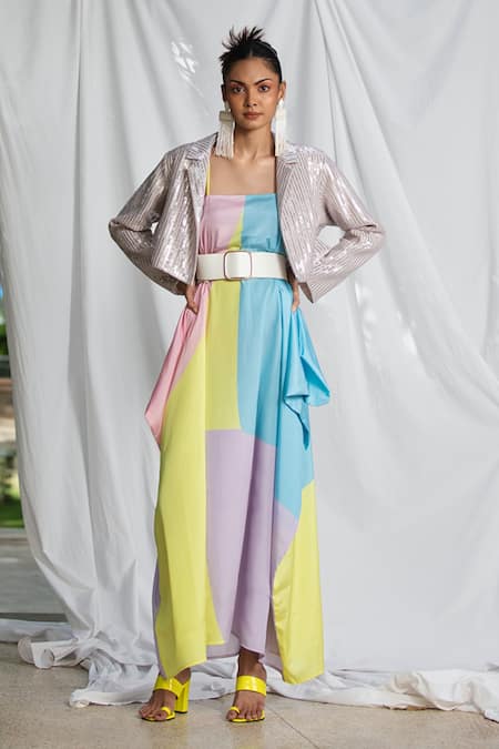 Pooja Bagaria Color Blocked Strappy Handkerchief Maxi Dress 