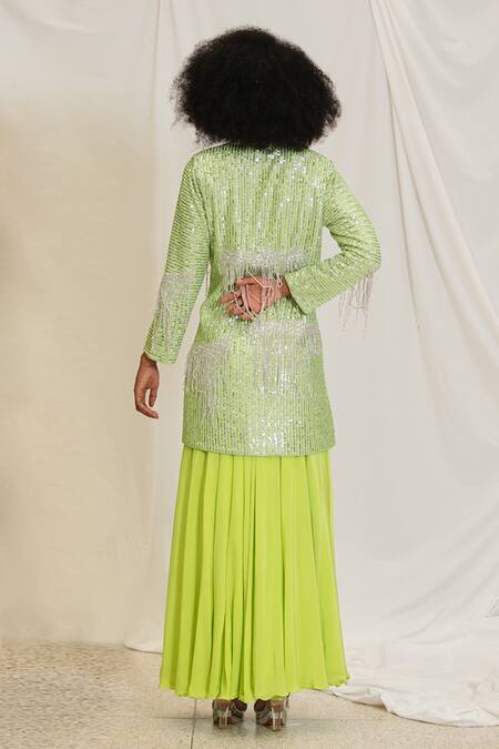 Shop Pooja Bagaria Silver Silk, Polyester Sequins, Beads Helix Embroidered Blazer Palazzo Set Online at Aza Fashions Shop_Pooja Bagaria_Silver Silk, Polyester Sequins, Beads Helix Embroidered Blazer Palazzo Set _Online_at_Aza_Fashions