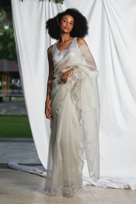 Pooja Bagaria Silver Tissue Silk Embroidery Scallop Border Saree With Blouse 