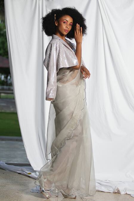 Pooja Bagaria Silver Tissue, Silk Sequins V-neck Scallop Border Saree With Blouse Online at Aza Fashions Pooja Bagaria_Silver Tissue, Silk Sequins V-neck Scallop Border Saree With Blouse_Online_at_Aza_Fashions