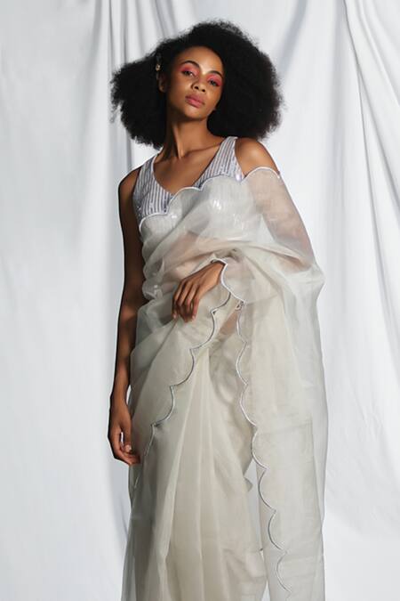 Buy Pooja Bagaria Silver Tissue, Silk Sequins V-neck Scallop Border Saree With Blouse Online at Aza Fashions Buy_Pooja Bagaria_Silver Tissue, Silk Sequins V-neck Scallop Border Saree With Blouse_Online_at_Aza_Fashions