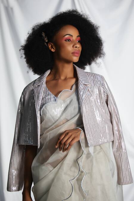 Shop Pooja Bagaria Silver Tissue, Silk Sequins V-neck Scallop Border Saree With Blouse Online at Aza Fashions Shop_Pooja Bagaria_Silver Tissue, Silk Sequins V-neck Scallop Border Saree With Blouse_Online_at_Aza_Fashions