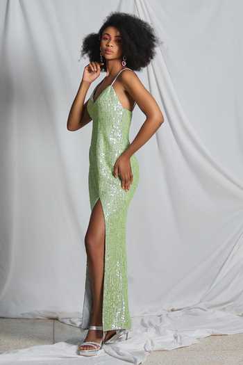 Pooja Bagaria_Silver Silk Sequins Sweetheart Neck Astral Embroidered Slit Gown _Online_at_Aza_Fashions