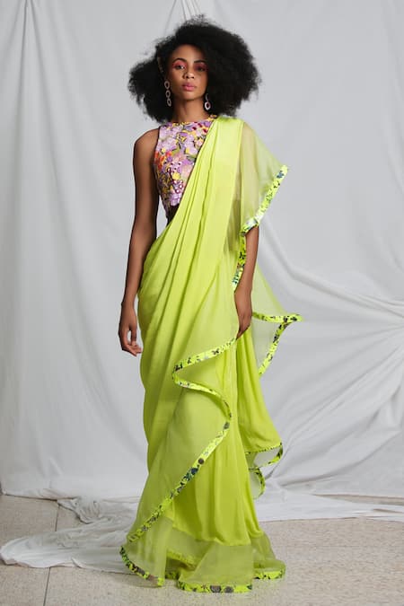 Pooja Bagaria Pre-Draped Ruffled Saree With Floret Blouse 