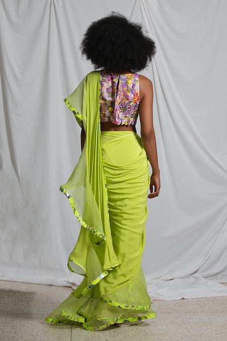 Pooja Bagaria Pre-Draped Ruffled Saree With Floret Blouse 