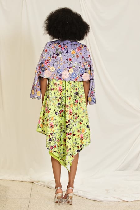 Shop Pooja Bagaria Yellow Suede Embroidery Halter Neck Bloomy Print Midi Handkerchief Dress at Aza Fashions Shop_Pooja Bagaria_Yellow Suede Embroidery Halter Neck Bloomy Print Midi Handkerchief Dress _at_Aza_Fashions