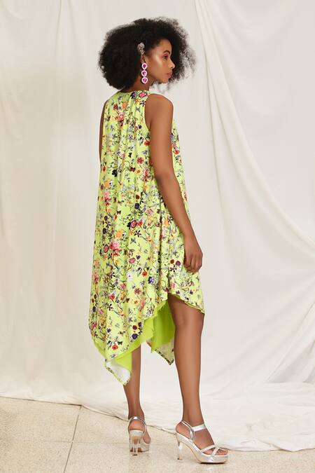 Buy Pooja Bagaria Yellow Suede Embroidery Halter Neck Bloomy Print Midi Handkerchief Dress Online at Aza Fashions Buy_Pooja Bagaria_Yellow Suede Embroidery Halter Neck Bloomy Print Midi Handkerchief Dress _Online_at_Aza_Fashions