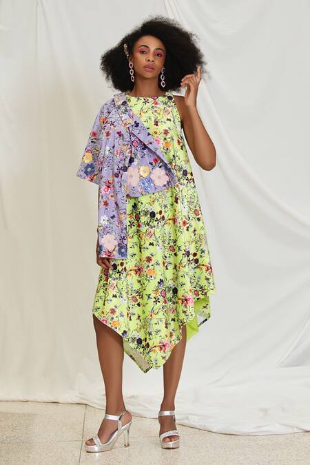 Shop Pooja Bagaria Yellow Suede Embroidery Halter Neck Bloomy Print Midi Handkerchief Dress Online at Aza Fashions Shop_Pooja Bagaria_Yellow Suede Embroidery Halter Neck Bloomy Print Midi Handkerchief Dress _Online_at_Aza_Fashions