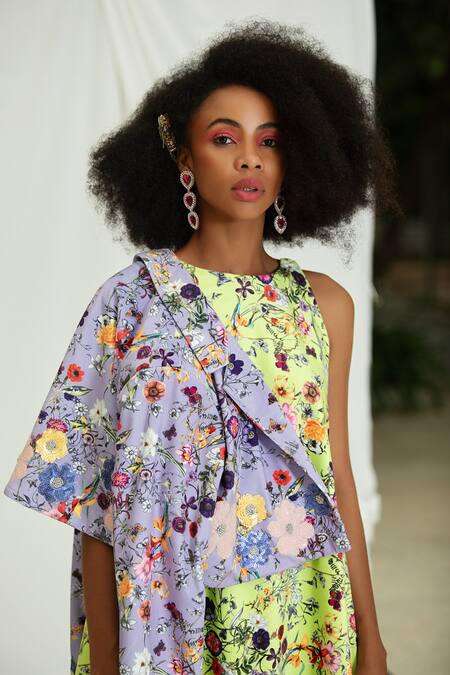 Pooja Bagaria Yellow Suede Embroidery Halter Neck Bloomy Print Midi Handkerchief Dress at Aza Fashions Pooja Bagaria_Yellow Suede Embroidery Halter Neck Bloomy Print Midi Handkerchief Dress _at_Aza_Fashions