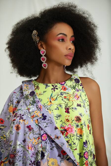 Buy Pooja Bagaria Yellow Suede Embroidery Halter Neck Bloomy Print Midi Handkerchief Dress Buy_Pooja Bagaria_Yellow Suede Embroidery Halter Neck Bloomy Print Midi Handkerchief Dress