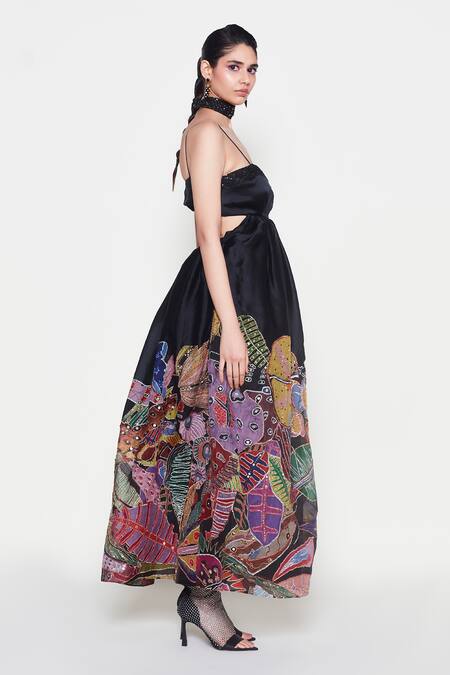 Shop_Aisha Rao_Black Organza Sequins, Beads Sweetheart Neck Twilight Floral Embellished Gown _Online_at_Aza_Fashions