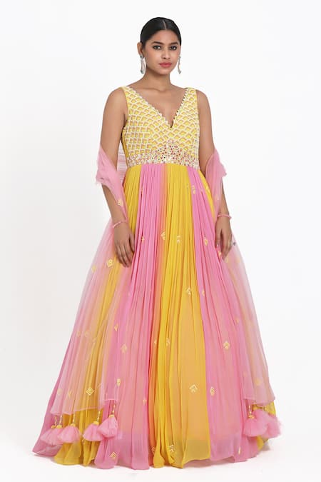 Nitisha Kashyap Official Yellow Silk Embroidered Resham Ombre Bead Anarkali With Dupatta  