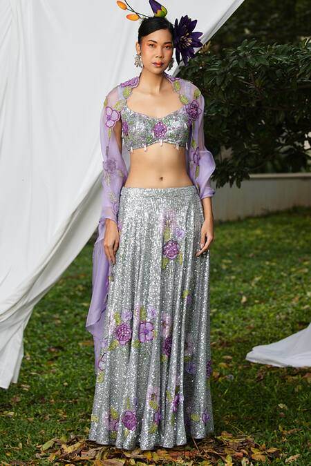 Pooja Bagaria Silver Silk, Organza Sequins, Beads, Diamonds, 3d Flower Bling Lehenga Set