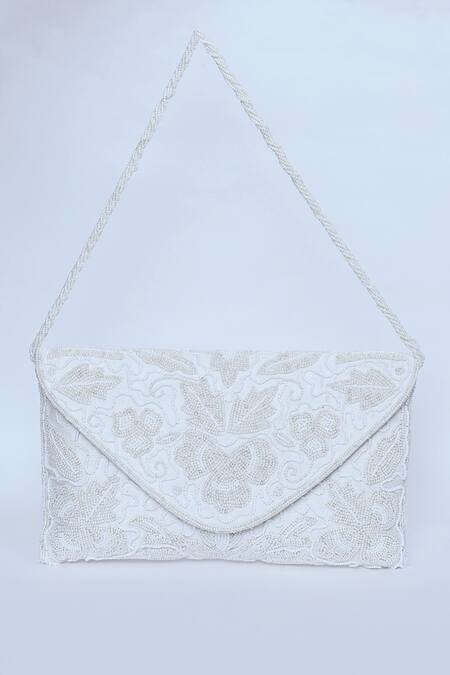 Shop_Kreivo By Vamanshi Damania_White Pearl Silk Embroidered Envelope Bag _Online_at_Aza_Fashions