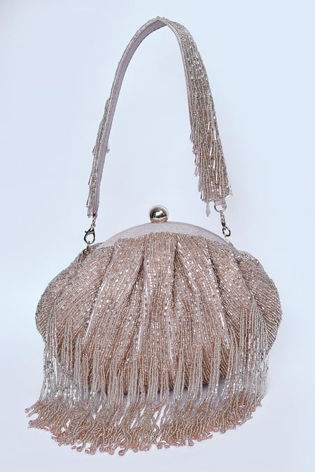 Kreivo By Vamanshi Damania_Rose Gold Tassels Cutdana And Potli Bag_Online_at_Aza_Fashions