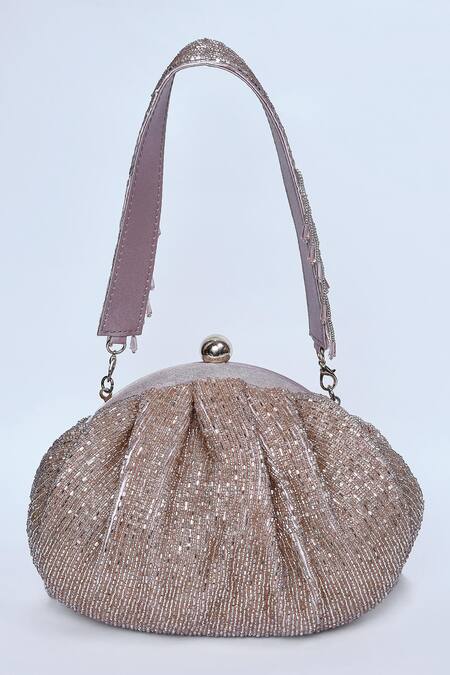 Shop_Kreivo By Vamanshi Damania_Rose Gold Tassels Cutdana And Potli Bag_Online_at_Aza_Fashions