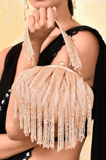 Kreivo By Vamanshi Damania_Rose Gold Tassels Cutdana And Potli Bag_at_Aza_Fashions