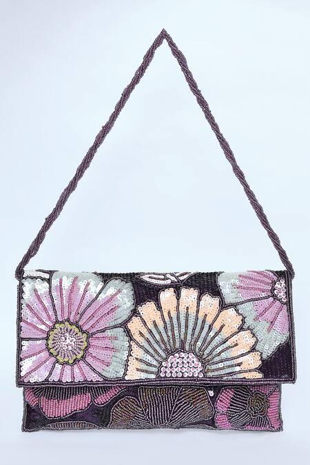 Kreivo By Vamanshi Damania_Wine Sequin Floral Embroidered Envelope Bag _Online_at_Aza_Fashions