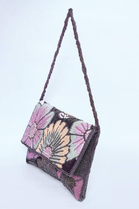 Buy_Kreivo By Vamanshi Damania_Wine Sequin Floral Embroidered Envelope Bag _Online_at_Aza_Fashions