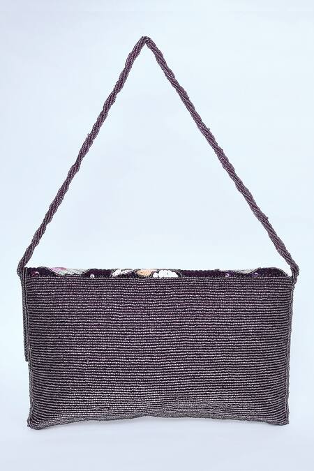 Shop_Kreivo By Vamanshi Damania_Wine Sequin Floral Embroidered Envelope Bag _Online_at_Aza_Fashions