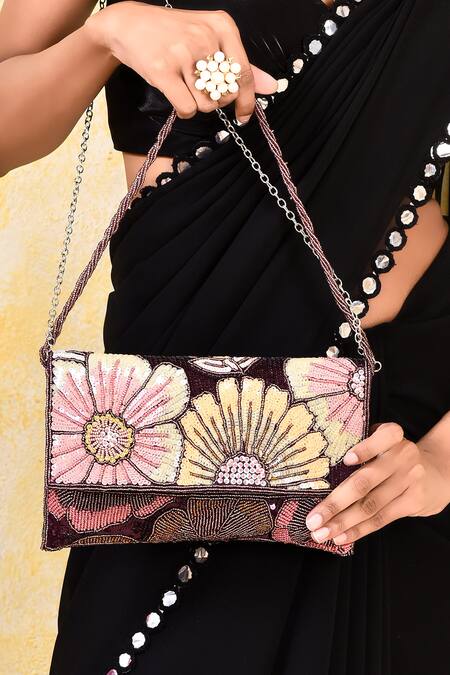 Kreivo By Vamanshi Damania Wine Sequin Floral Embroidered Envelope Bag at Aza Fashions Kreivo By Vamanshi Damania_Wine Sequin Floral Embroidered Envelope Bag _at_Aza_Fashions