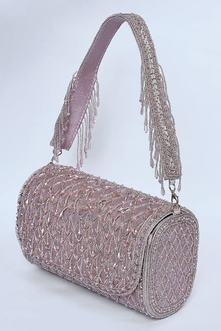 Buy_Kreivo By Vamanshi Damania_Pink Bead Checkered Bucket Bag _Online_at_Aza_Fashions
