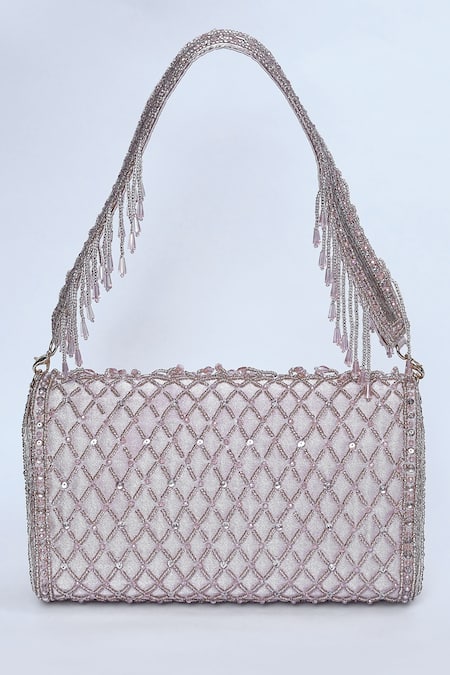 Shop_Kreivo By Vamanshi Damania_Pink Bead Checkered Bucket Bag _Online_at_Aza_Fashions