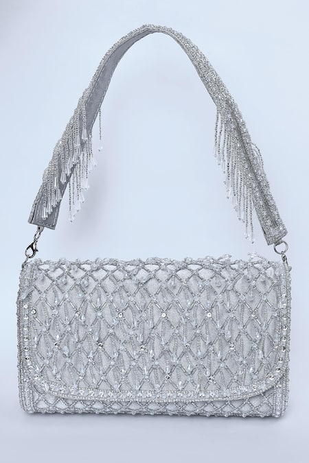 Kreivo By Vamanshi Damania_Grey Bead Checkered Embroidered Bucket Bag_Online_at_Aza_Fashions