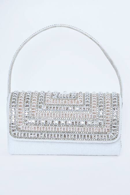 Kreivo By Vamanshi Damania_White Bead And Crystal Embellished Envelope Bag _Online_at_Aza_Fashions