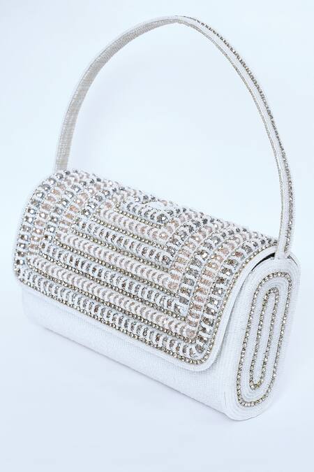 Buy_Kreivo By Vamanshi Damania_White Bead And Crystal Embellished Envelope Bag _Online_at_Aza_Fashions