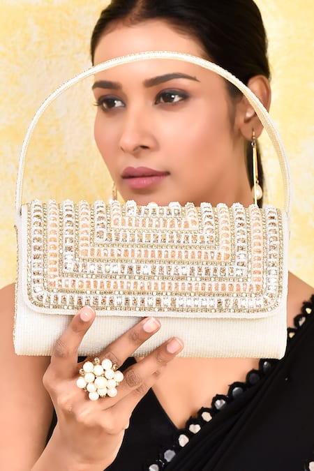 Kreivo By Vamanshi Damania_White Bead And Crystal Embellished Envelope Bag _at_Aza_Fashions