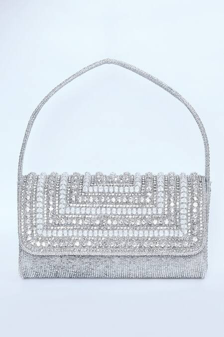 Kreivo By Vamanshi Damania_Silver Bead And Crystal Embroidered Envelope Bag _Online_at_Aza_Fashions