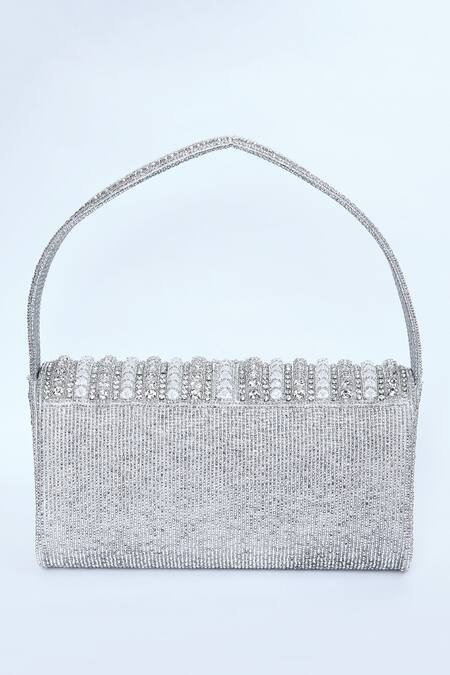 Shop_Kreivo By Vamanshi Damania_Silver Bead And Crystal Embroidered Envelope Bag _Online_at_Aza_Fashions