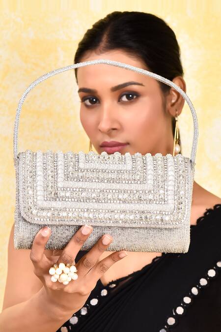 Kreivo By Vamanshi Damania_Silver Bead And Crystal Embroidered Envelope Bag _at_Aza_Fashions
