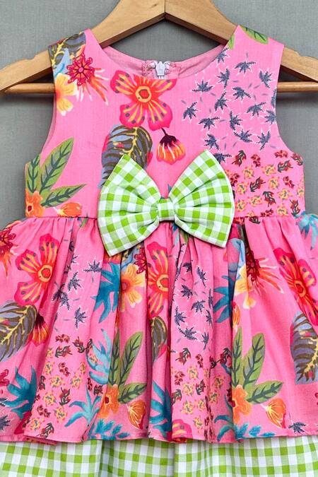Label Neeti_Pink Satin, Bows Botanical Print Dress _Online_at_Aza_Fashions